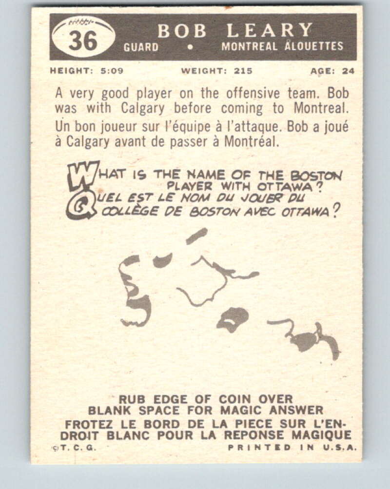 1959 Topps CFL Football #35 Bob Leary, Montreal Alouettes V32625