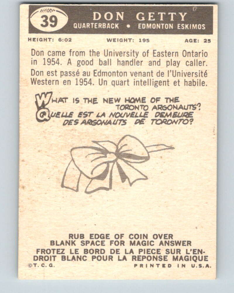 1959 Topps CFL Football #39 Don Getty, Edmonton Eskimos V32626