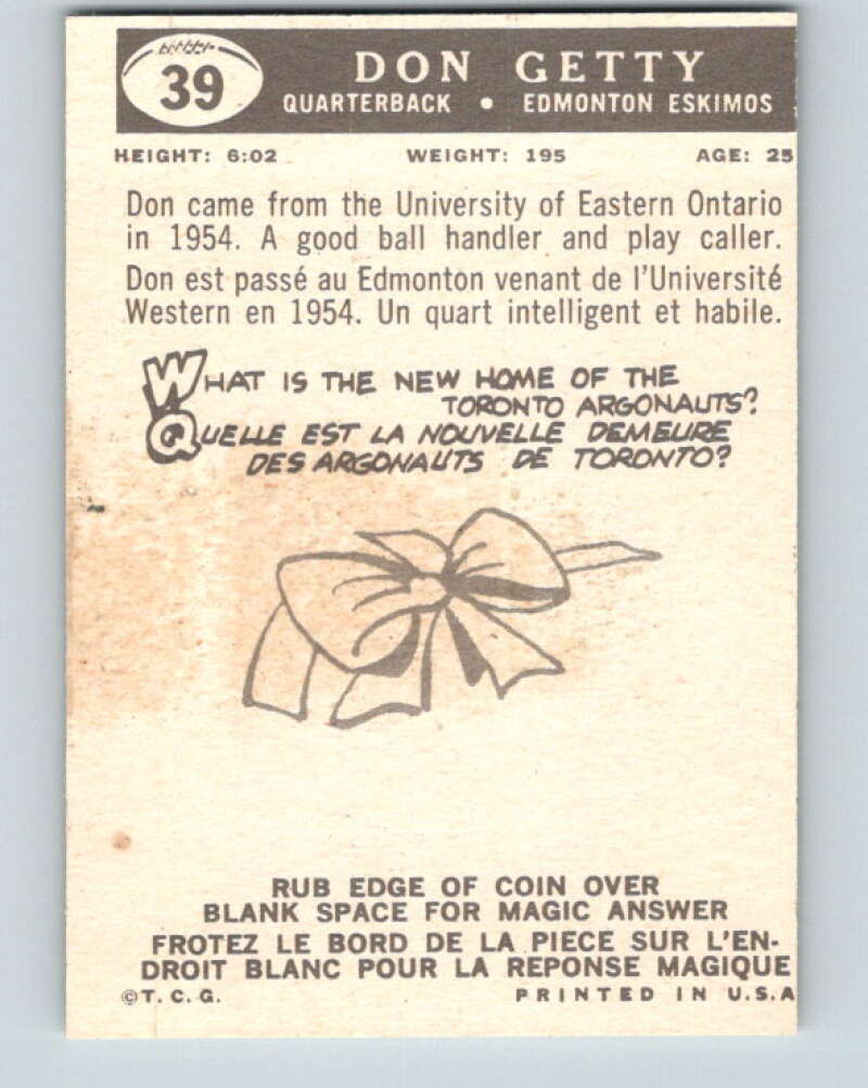 1959 Topps CFL Football #39 Don Getty, Edmonton Eskimos V32627