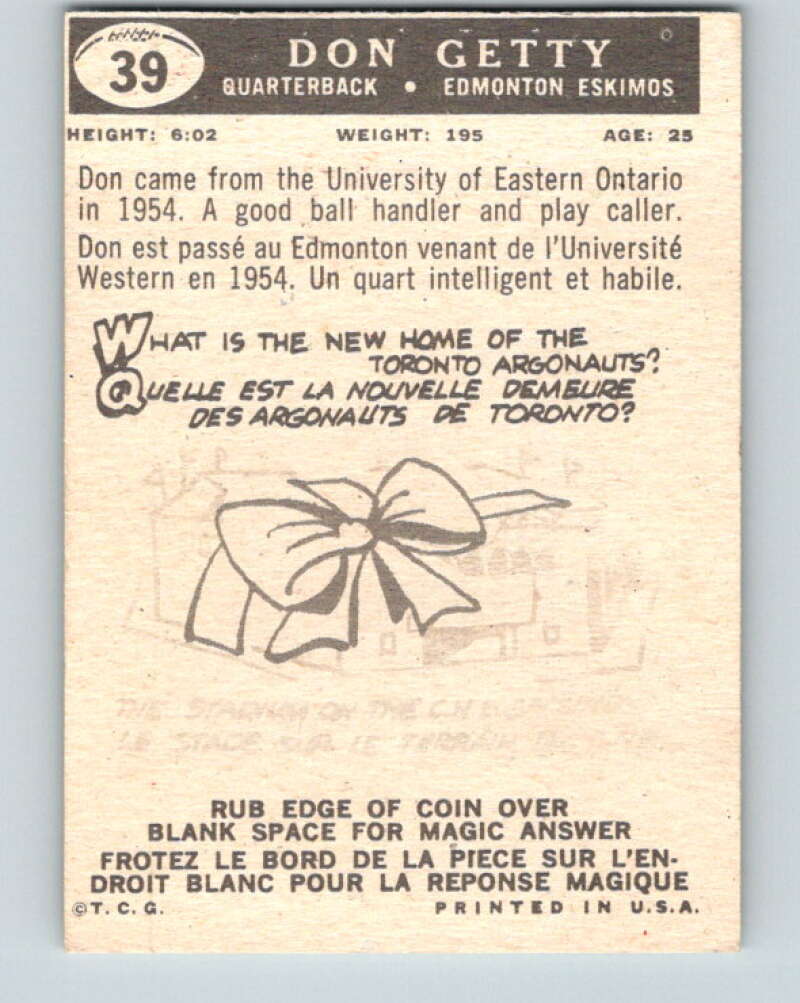 1959 Topps CFL Football #39 Don Getty, Edmonton Eskimos V32628
