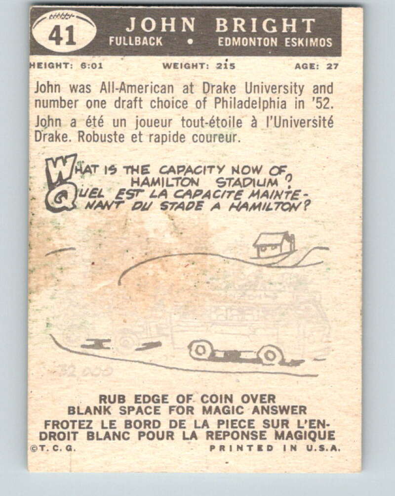 1959 Topps CFL Football #41 John Bright, Edmonton Eskimos V32630