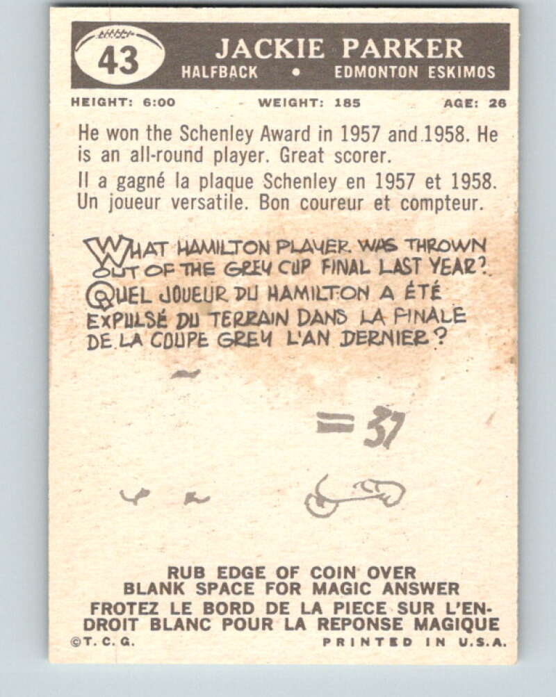 1959 Topps CFL Football #43 Jackie Parker, Edmonton Eskimos V32631