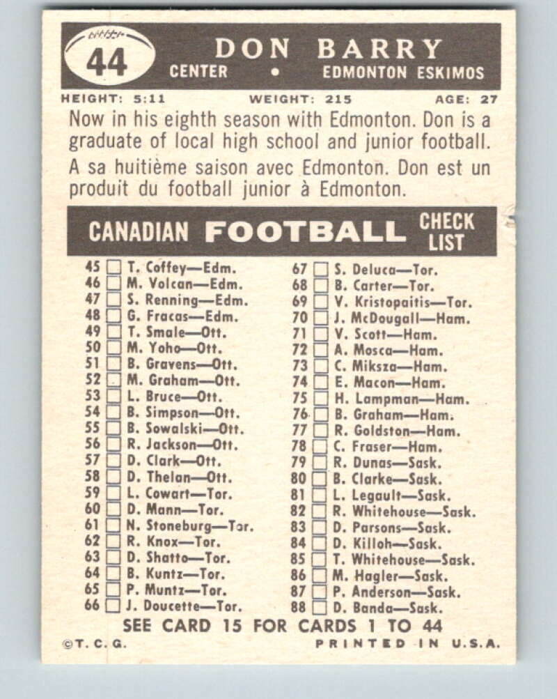 1959 Topps CFL Football #44 Don Barry, Edmonton Eskimos V32632