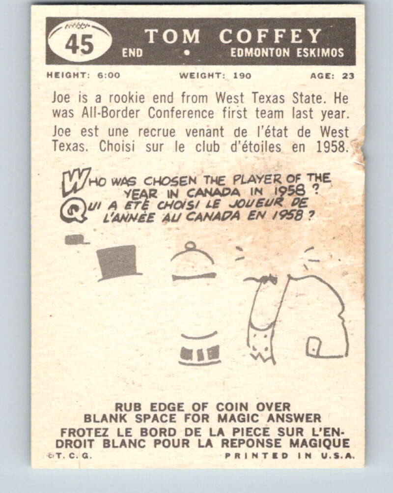 1959 Topps CFL Football #45 Tom Coffey, Edmonton Eskimos V32633