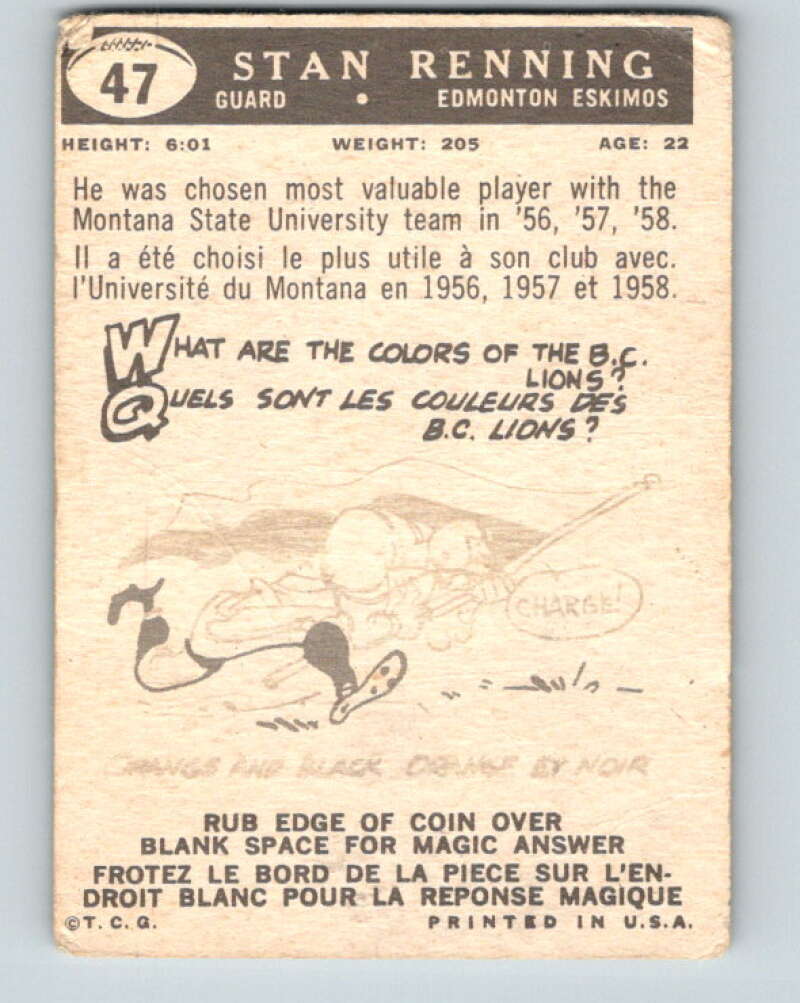 1959 Topps CFL Football #47 Stan Renning, Edmonton Eskimos V32635