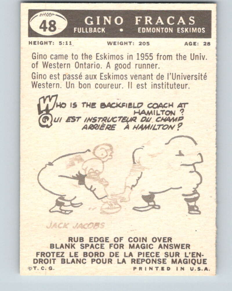 1959 Topps CFL Football #48 Gino Fracas, Edmonton Eskimos V32636