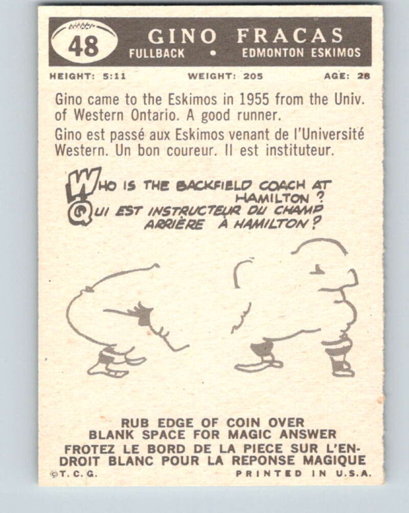 1959 Topps CFL Football #48 Gino Fracas, Edmonton Eskimos V32637