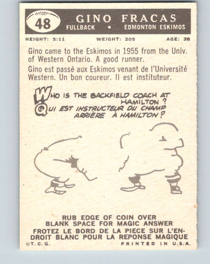 1959 Topps CFL Football #48 Gino Fracas, Edmonton Eskimos  V32637