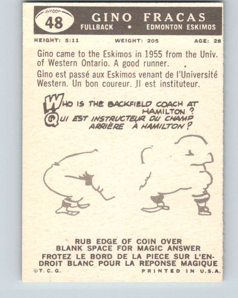 1959 Topps CFL Football #48 Gino Fracas, Edmonton Eskimos V32638