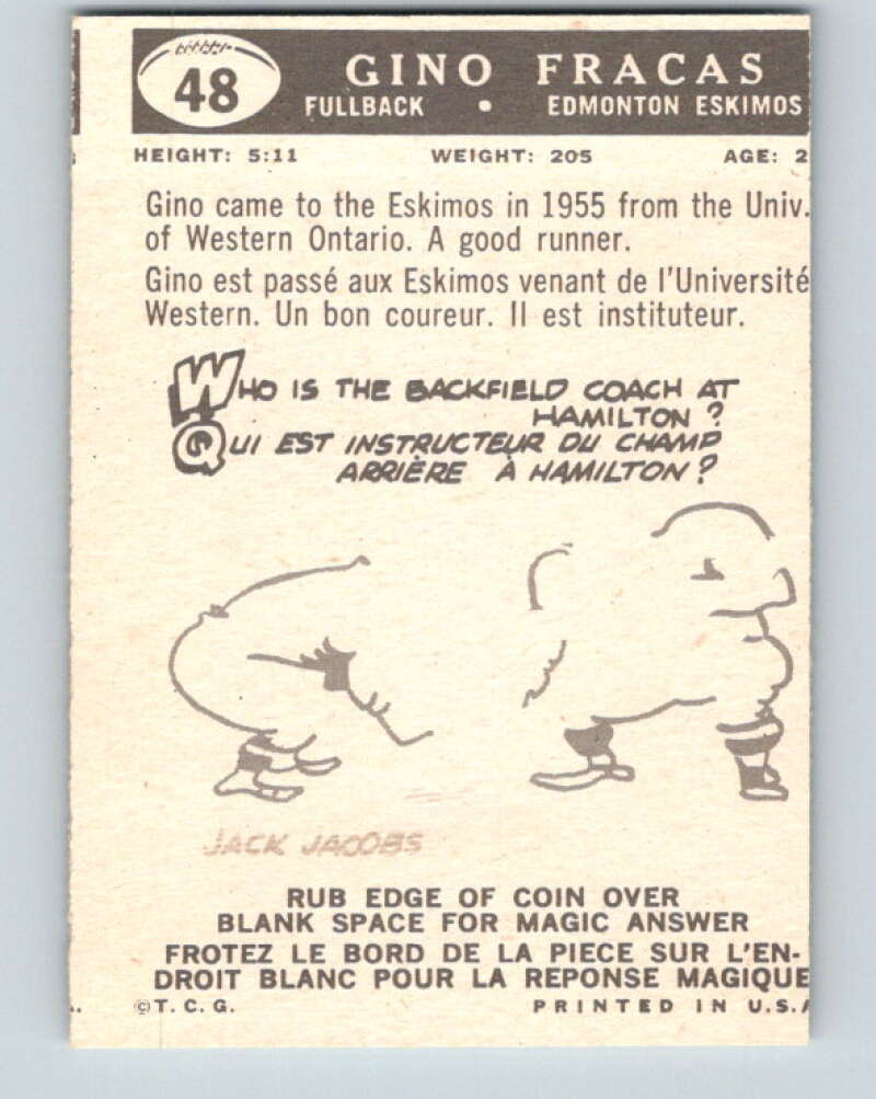 1959 Topps CFL Football #48 Gino Fracas, Edmonton Eskimos V32639