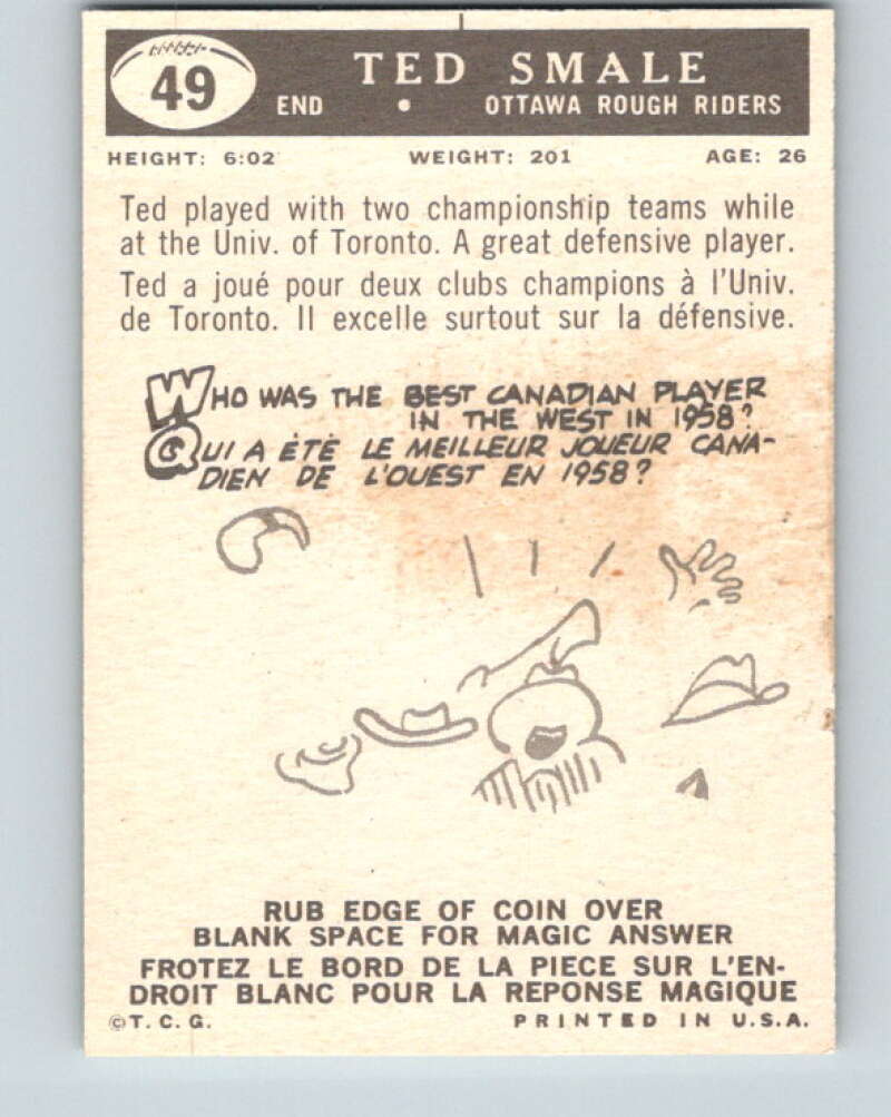 1959 Topps CFL Football #49 Ted Smale, Ottawa Rough Riders V32640