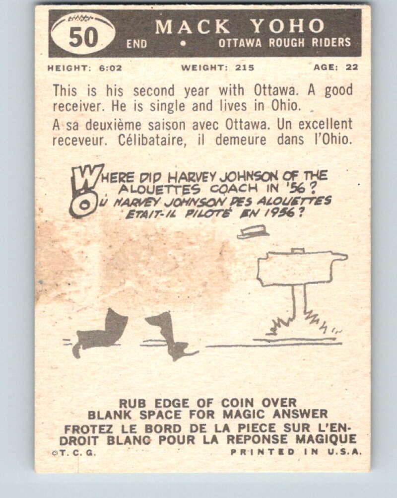 1959 Topps CFL Football #50 Mack Yoho, Ottawa Rough Riders V32641