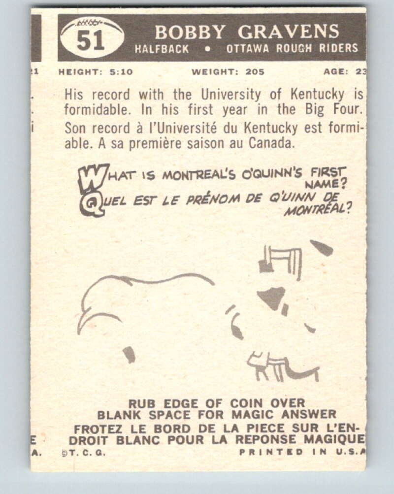 1959 Topps CFL Football #51 Bobby Gravens, Ottawa Rough Riders V32642