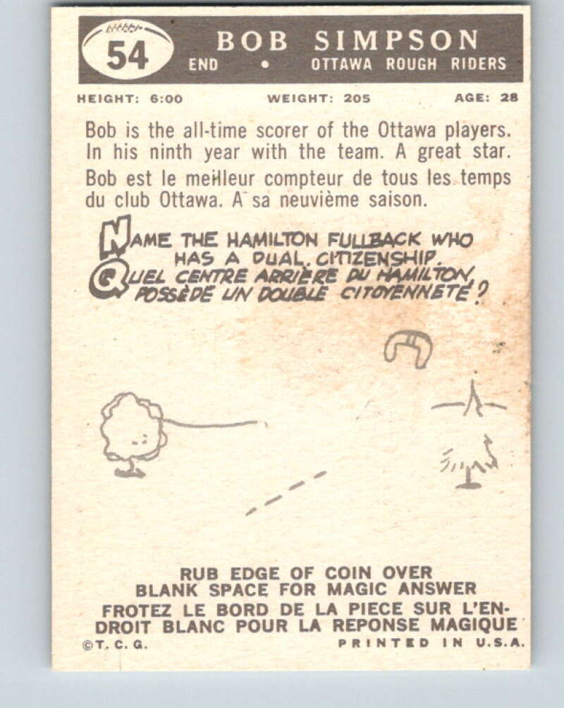 1959 Topps CFL Football #54 Bob Sompson, Ottawa Rough Riders  V32643