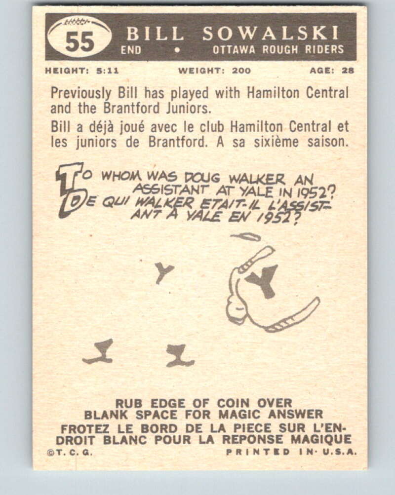 1959 Topps CFL Football #55 Bill Sowalski, Ottawa Rough Riders V32644