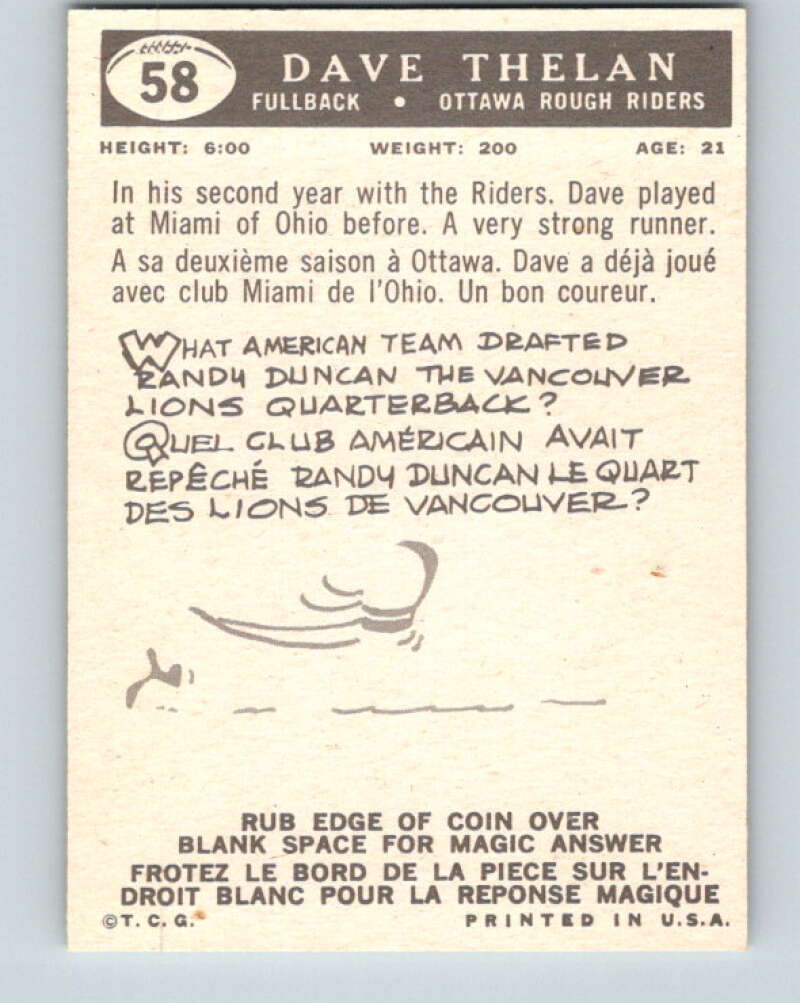 1959 Topps CFL Football #58 Dave Thelan, Ottawa Rough Riders V32647