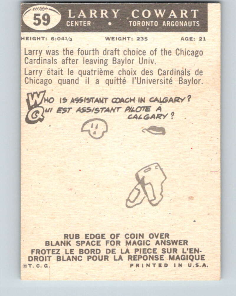 1959 Topps CFL Football #59 Larry Cowart, Toronto Argonauts V32648