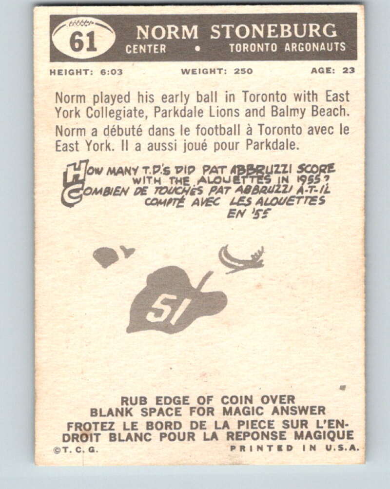 1959 Topps CFL Football #61 Norm Stoneburg, Toronto Argonauts V32649