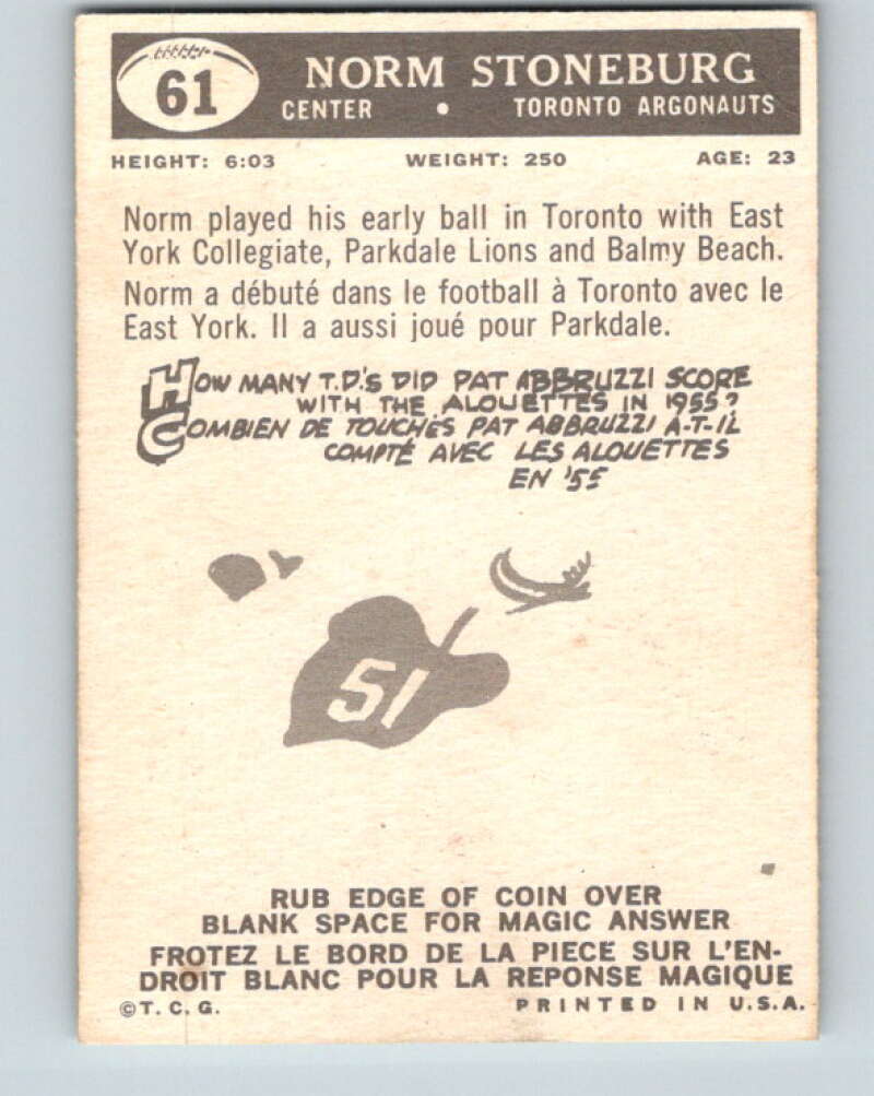 1959 Topps CFL Football #61 Norm Stoneburg, Toronto Argonauts  V32649