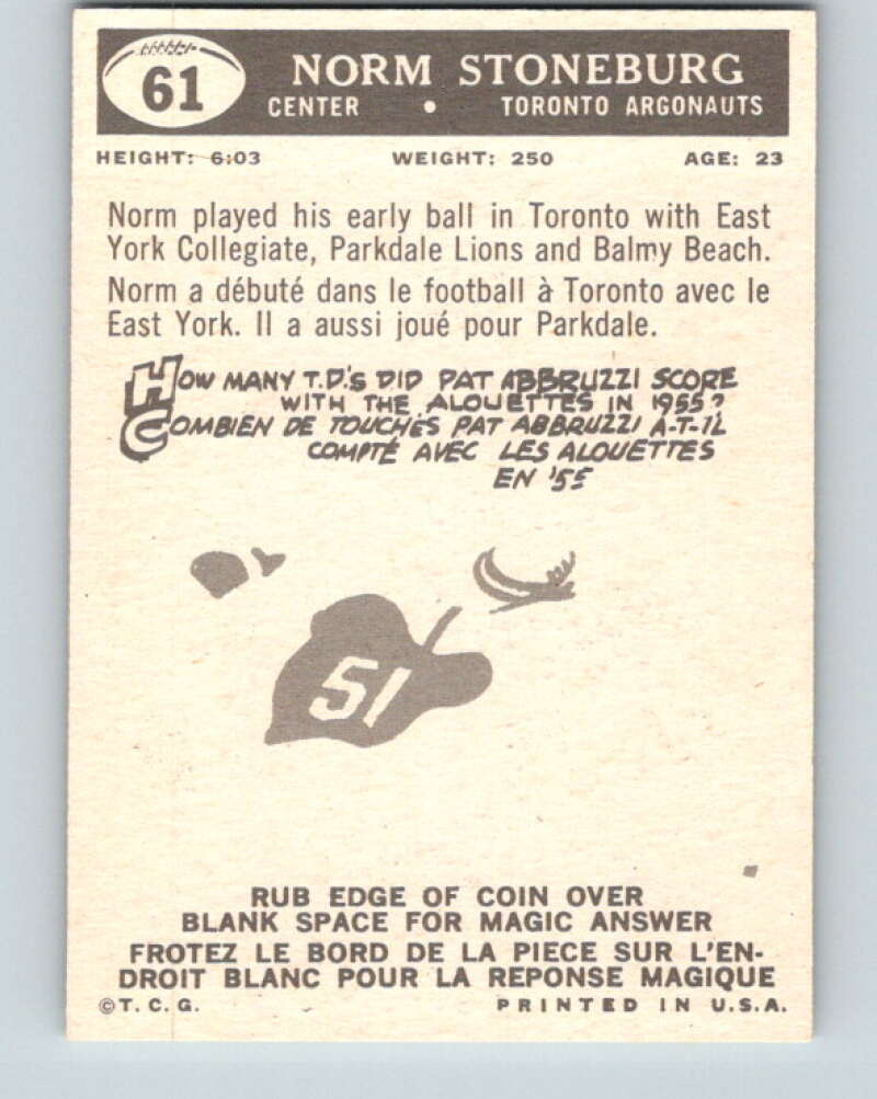 1959 Topps CFL Football #61 Norm Stoneburg, Toronto Argonauts V32650