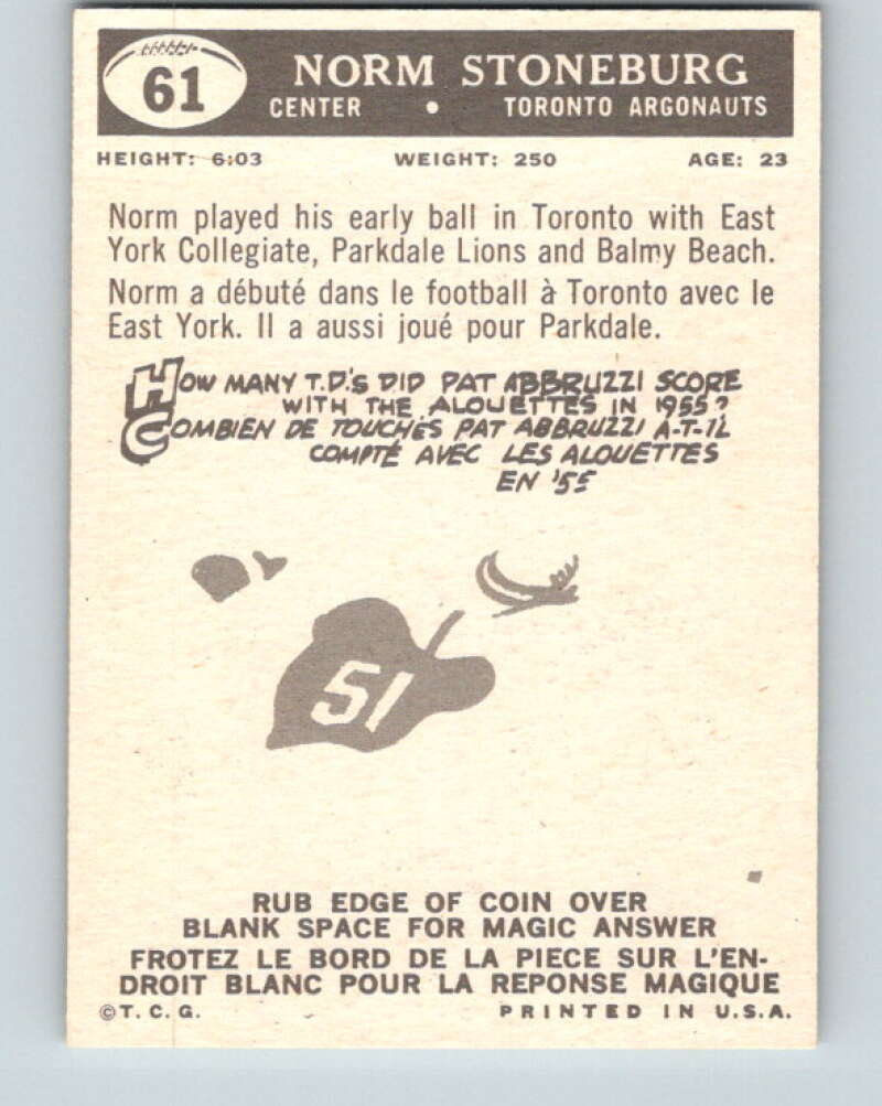 1959 Topps CFL Football #61 Norm Stoneburg, Toronto Argonauts  V32650