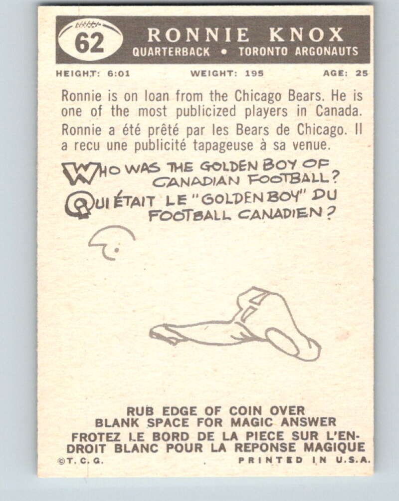 1959 Topps CFL Football #62 Ronnie Knox, Toronto Argonauts  V32651