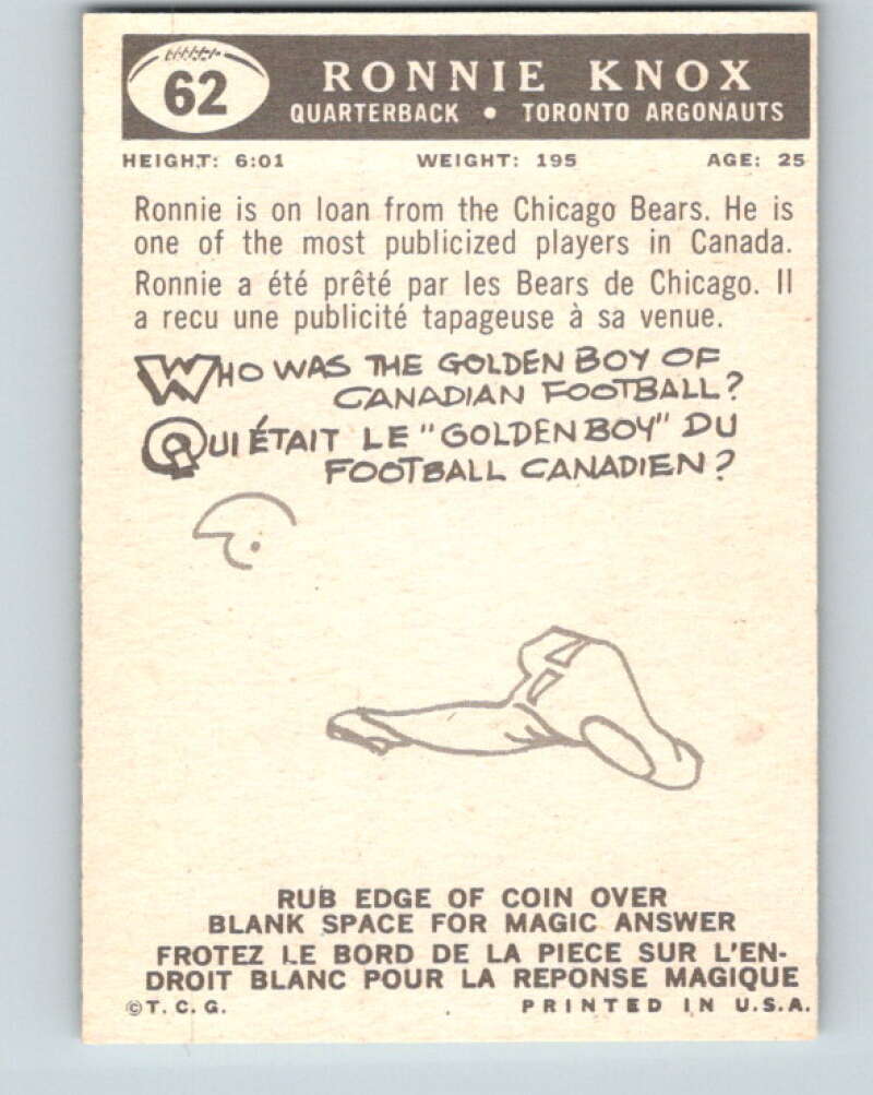 1959 Topps CFL Football #62 Ronnie Knox, Toronto Argonauts V32651