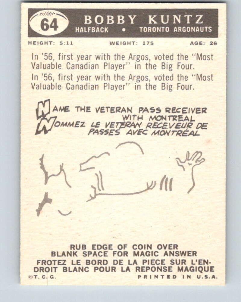 1959 Topps CFL Football #64 Bobby Kuntz Toronto Argonauts V32652