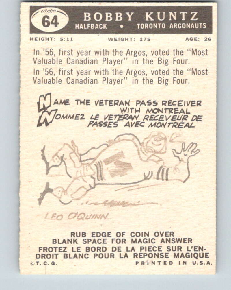 1959 Topps CFL Football #64 Bobby Kuntz Toronto Argonauts V32653