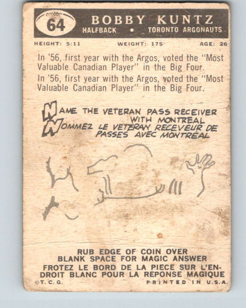 1959 Topps CFL Football #64 Bobby Kuntz Toronto Argonauts V32654