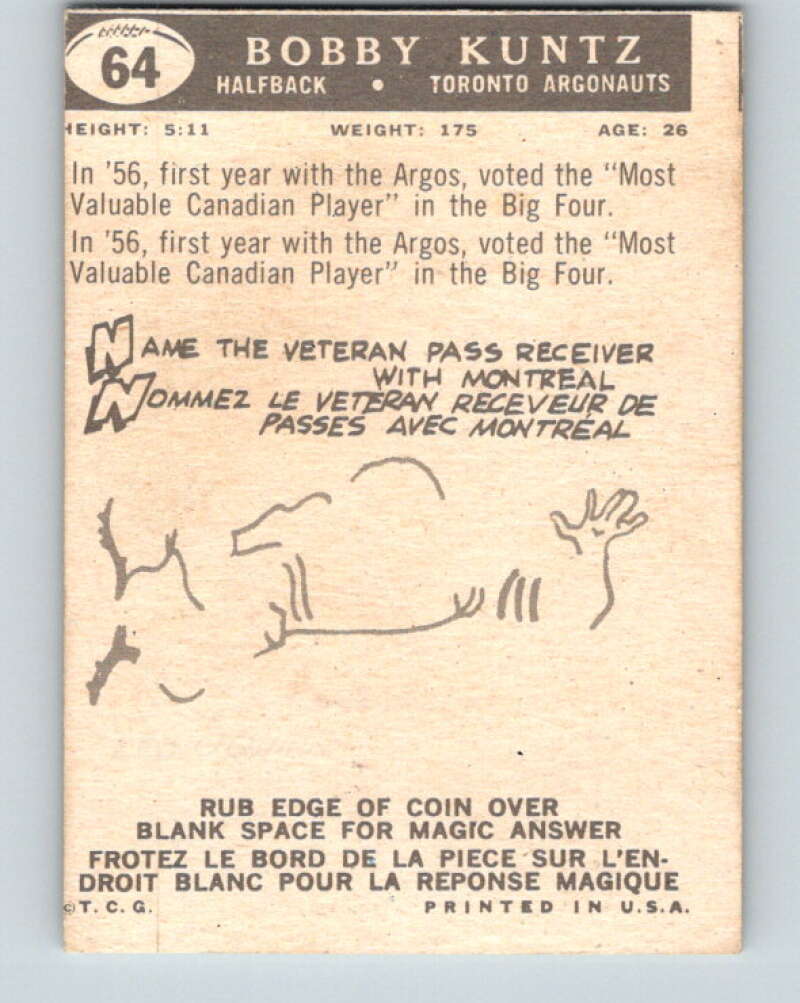 1959 Topps CFL Football #64 Bobby Kuntz Toronto Argonauts V32655