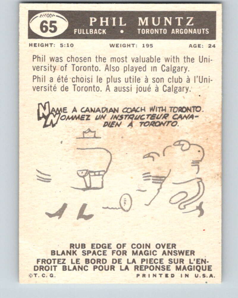 1959 Topps CFL Football #65 Phil Muntz, Toronto Argonauts  V32656