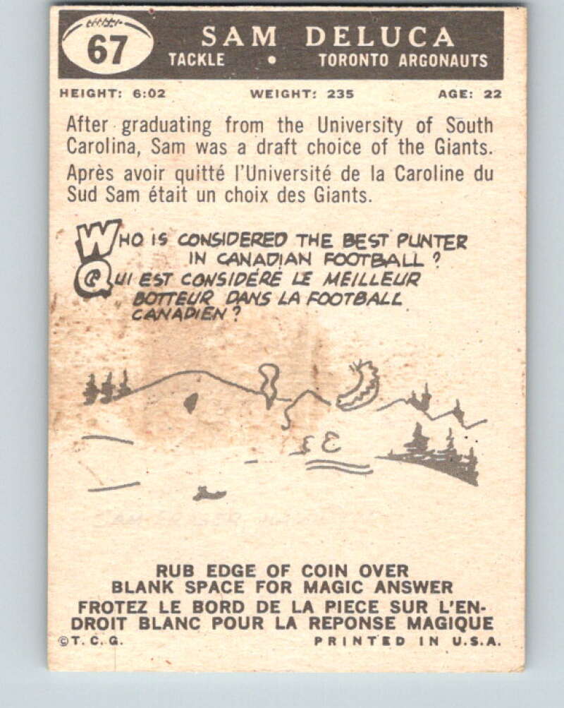 1959 Topps CFL Football #67 Sam Deluca, Toronto Argonauts V32659