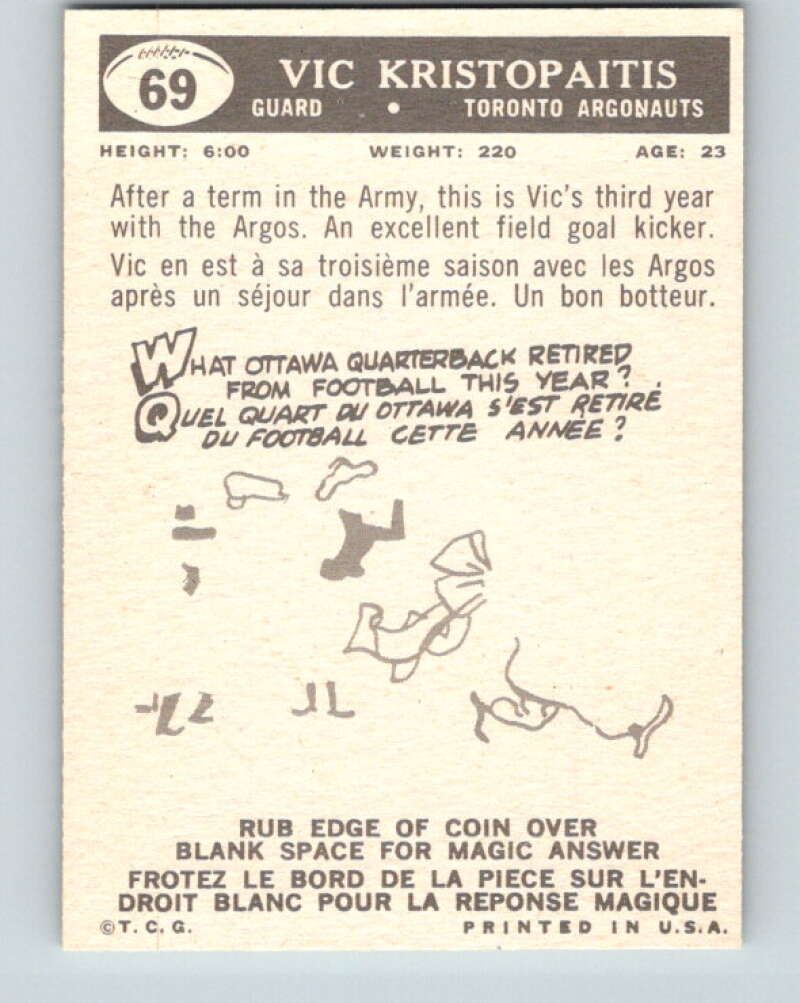 1959 Topps CFL Football #69 Vic Kristopaitis, Toronto Argonauts V32661