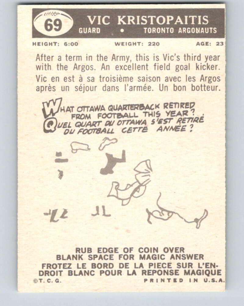 1959 Topps CFL Football #69 Vic Kristopaitis, Toronto Argonauts V32662