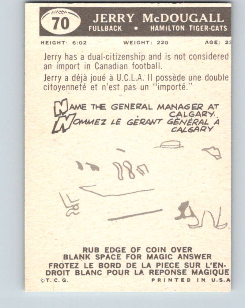 1959 Topps CFL Football #70 Jerry McDougall, Hamilton Tiger-cats V32663