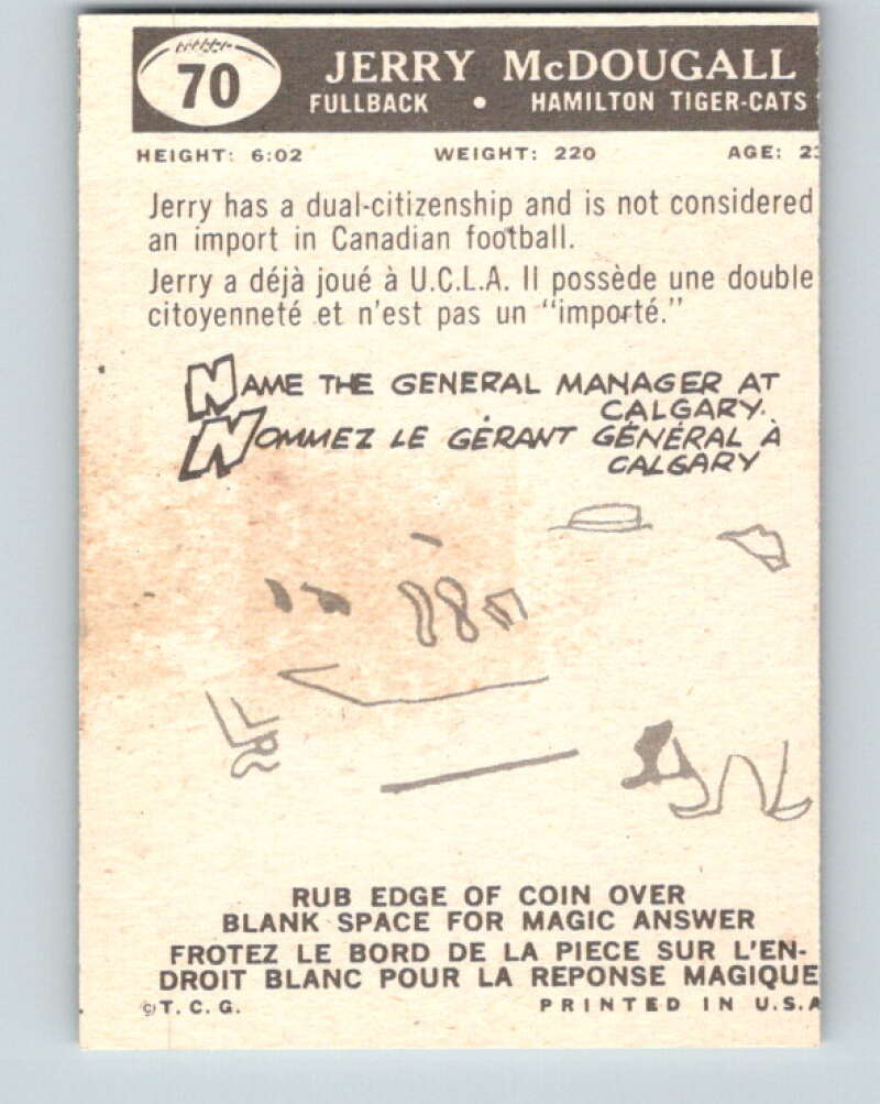 1959 Topps CFL Football #70 Jerry McDougall, Hamilton Tiger-cats V32664