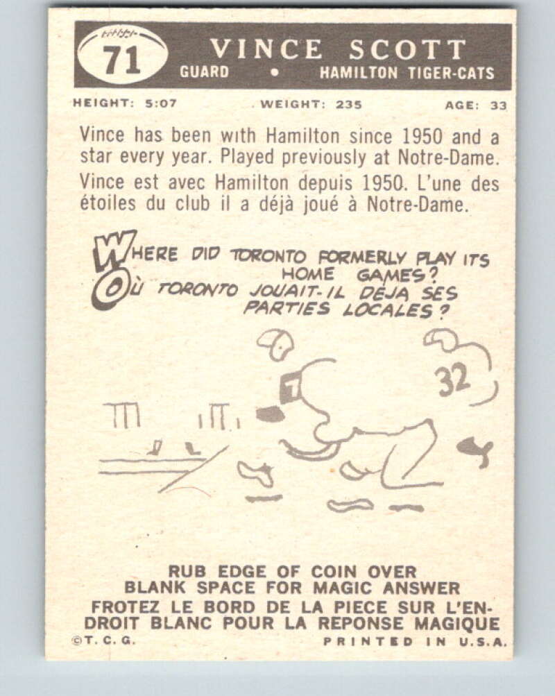 1959 Topps CFL Football #71 Vince Scott, Hamilton Tiger-cats V32667