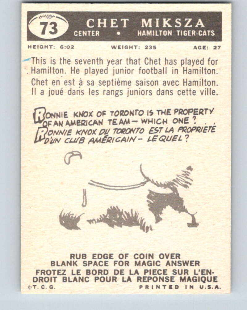 1959 Topps CFL Football #73 Chet Miksza, Hamilton Tiger-cats V32668
