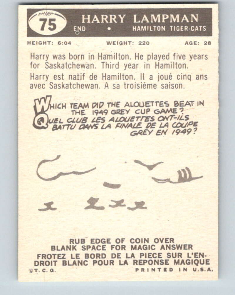 1959 Topps CFL Football #75 Harry Lampman, Hamilton Tiger-cats V32670