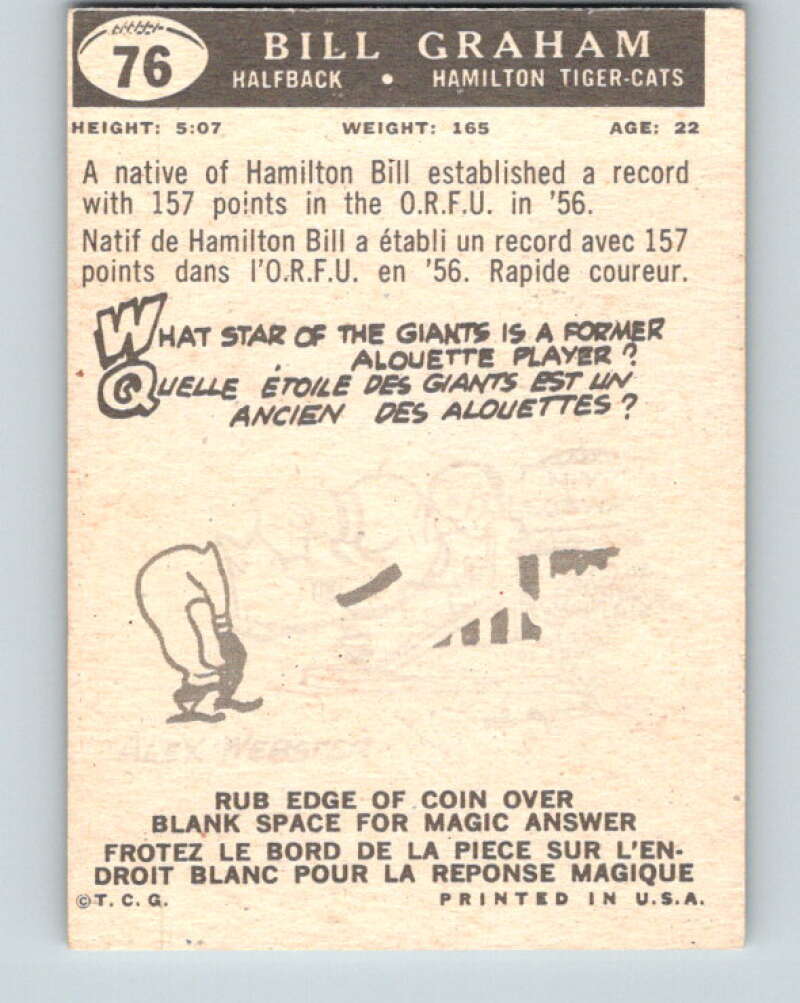 1959 Topps CFL Football #76 Bill Graham, Hamilton Tiger-cats V32671