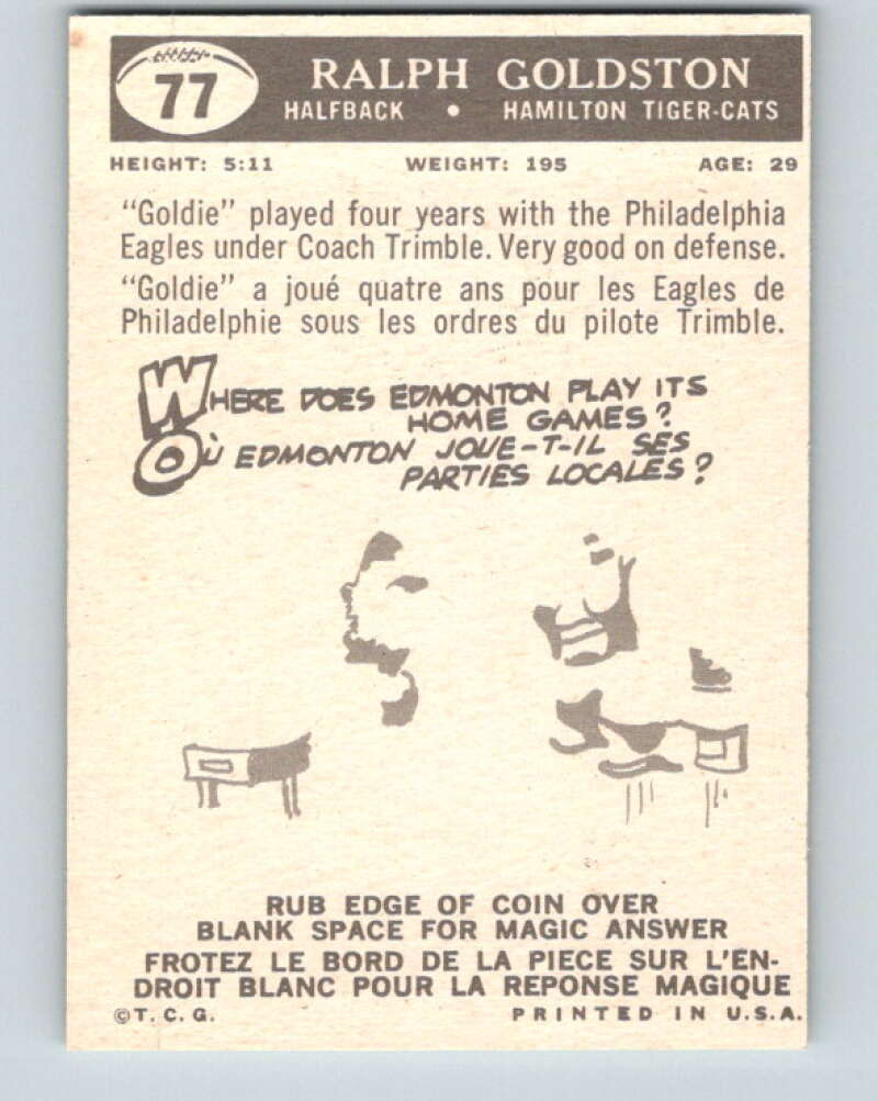 1959 Topps CFL Football #77 Ralph Goldston, Hamilton Tiger-cats V32672