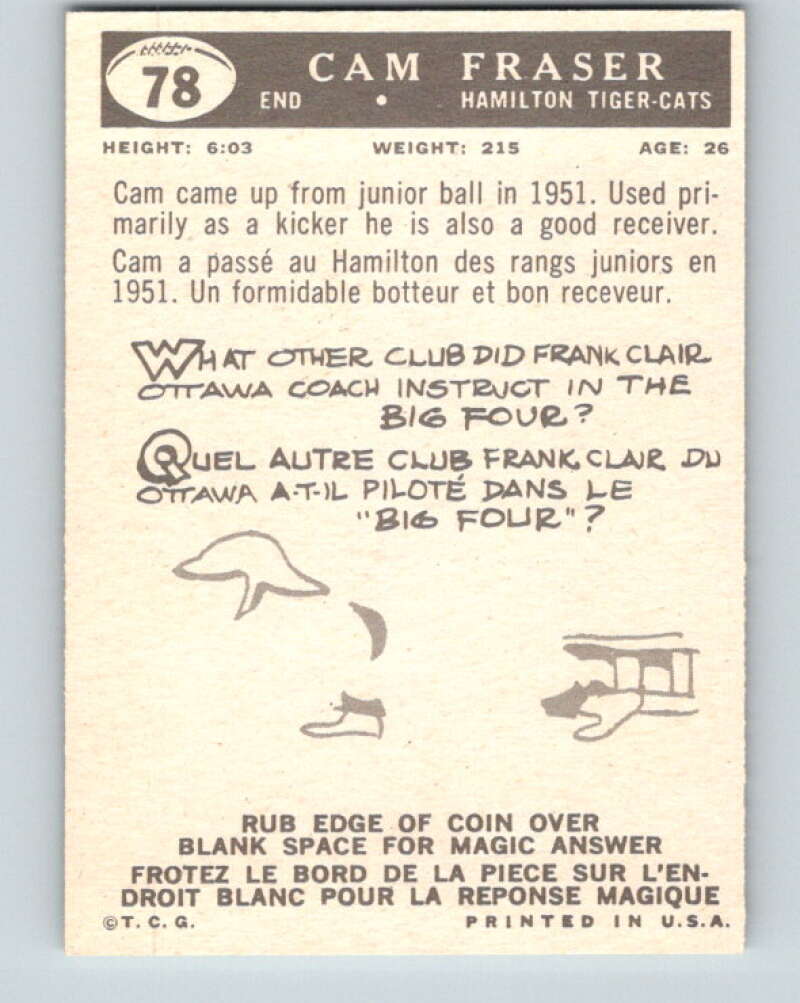 1959 Topps CFL Football #78 Cam Fraser, Hamilton Tiger-cats V32673