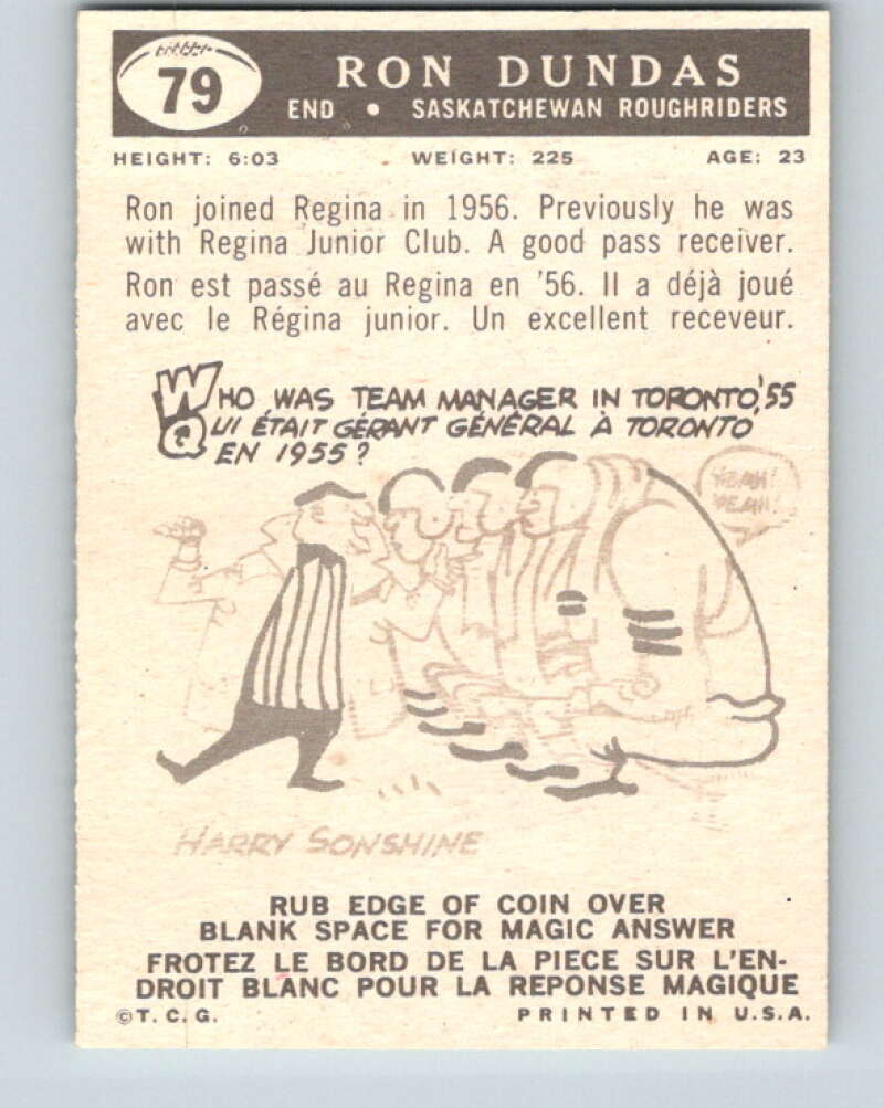 1959 Topps CFL Football #79 Ron Dundas, Sakatchewan Roughriders V32674