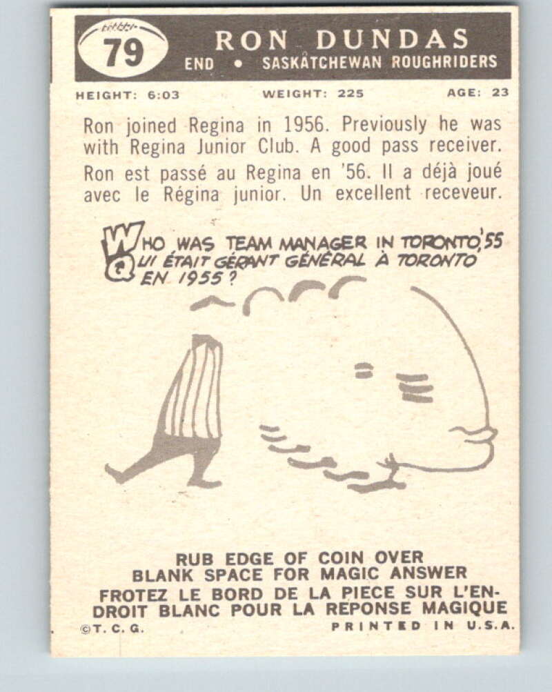 1959 Topps CFL Football #79 Ron Dundas, Sakatchewan Roughriders  V32675