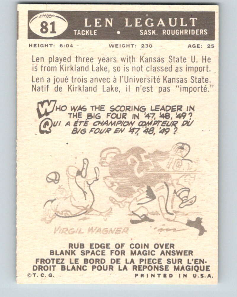 1959 Topps CFL Football #81 Len Legault, Saskatchewan Roughriders V32676