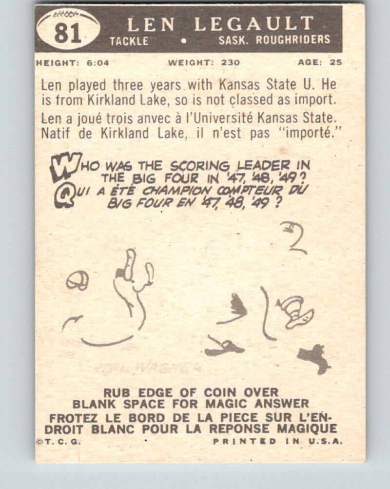 1959 Topps CFL Football #81 Len Legault, Saskatchewan Roughriders V32677