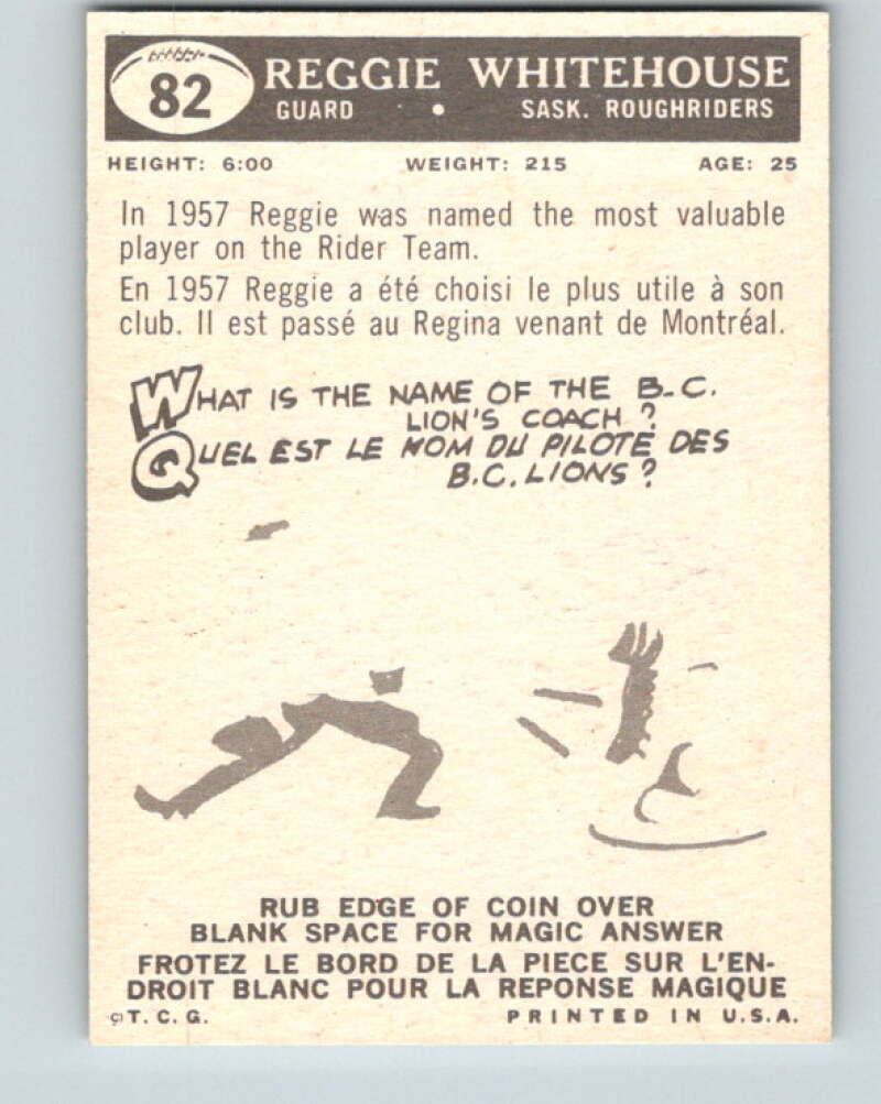 1959 Topps CFL Football #82 Reggie Whitehouse, Saskatchewan Roughriders V32678