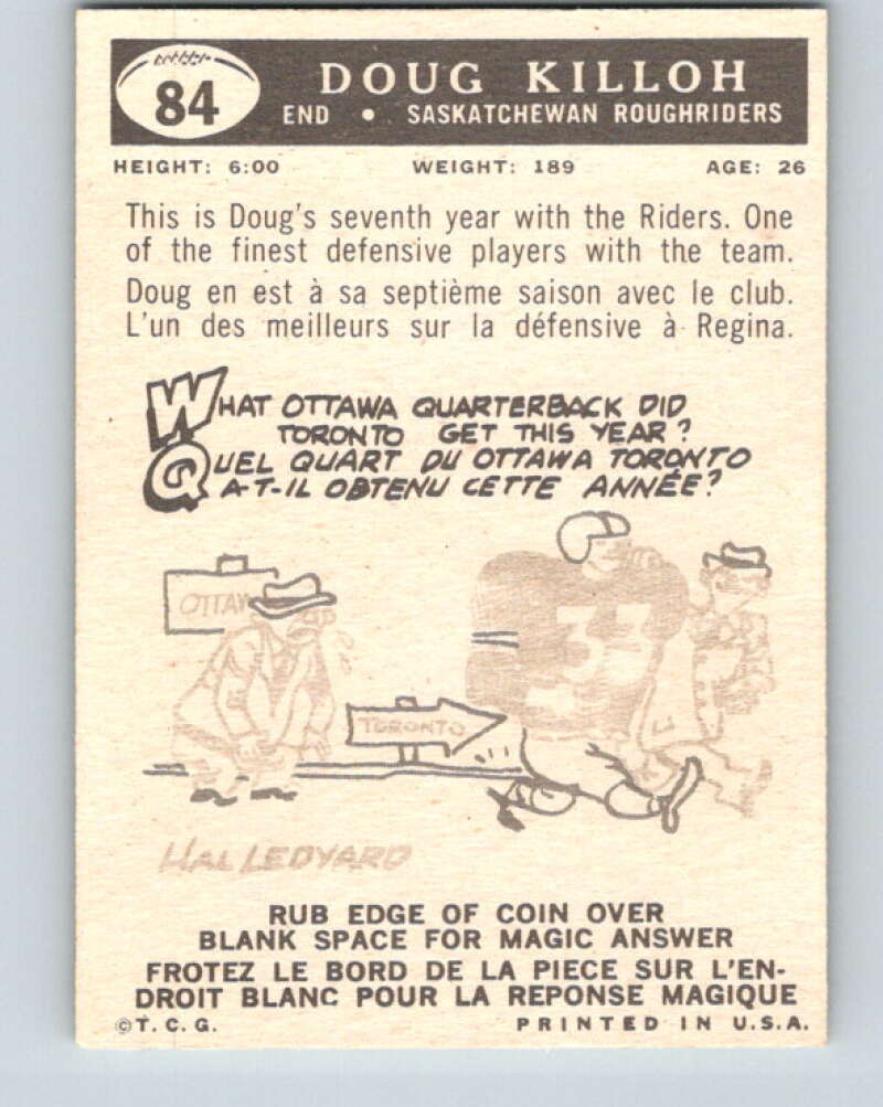 1959 Topps CFL Football #84 Doug Killoh, Saskatchewan Roughriders V32679