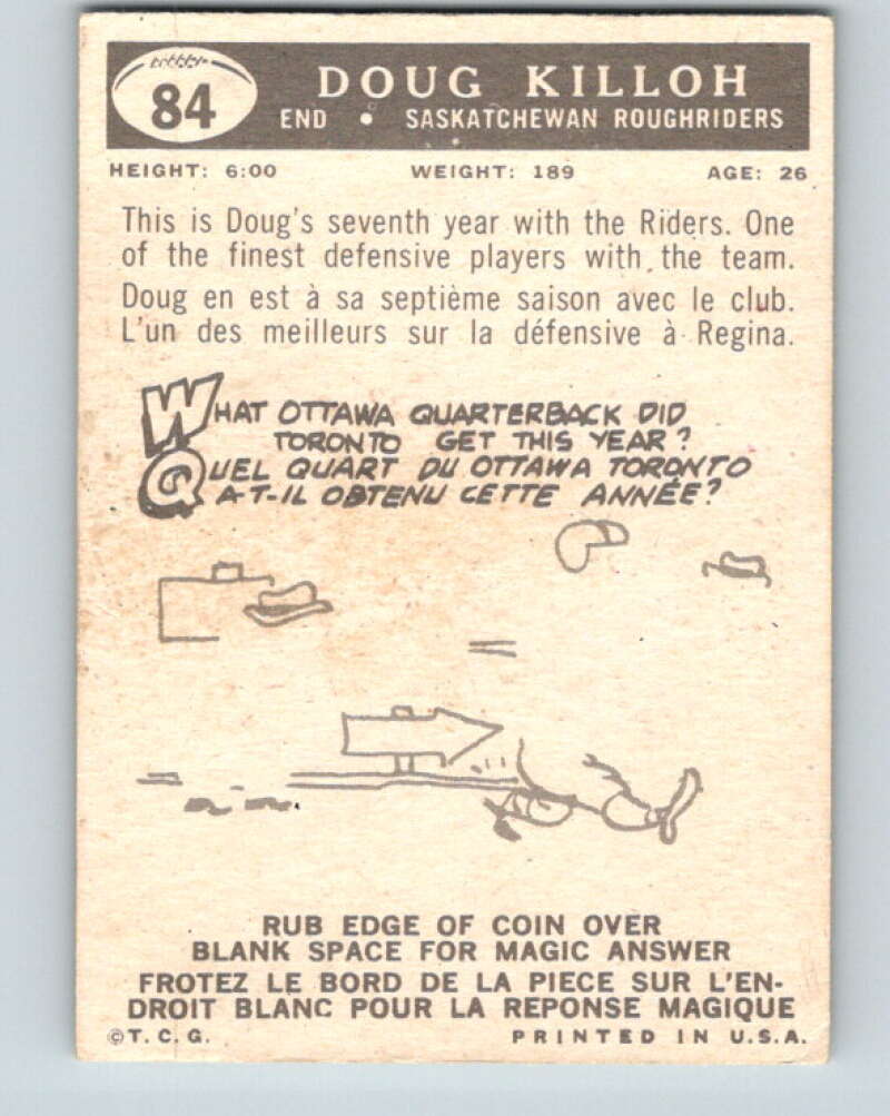 1959 Topps CFL Football #84 Doug Killoh, Saskatchewan Roughriders V32680